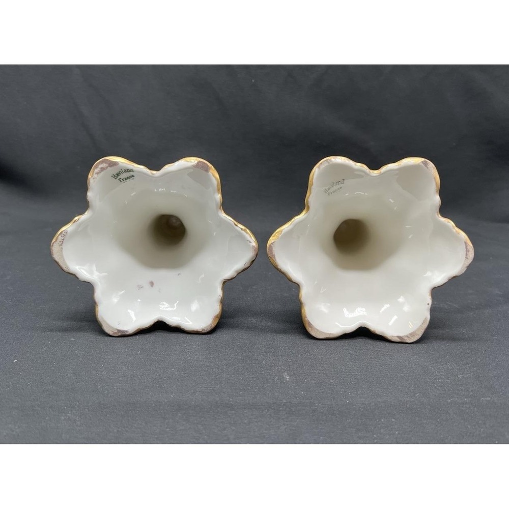 Haviland France Limoges Porcelain Candlestick Holders Pink Rose Gold Trim Set 2 - Picture 8 of 9